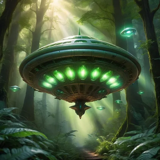 Prompt: (alien ship), hovering above a lush, dense forest, vibrant green foliage surrounding, bright, ethereal beams of light illuminating magical creatures (sparkling fairies, glowing orbs), mystical atmosphere, cinematic depth, intricate details, captivating and whimsical mood, enchanting scenery, high-quality design, ultra-detailed, atmospheric lighting showcasing the contrast between the ship and the forest.