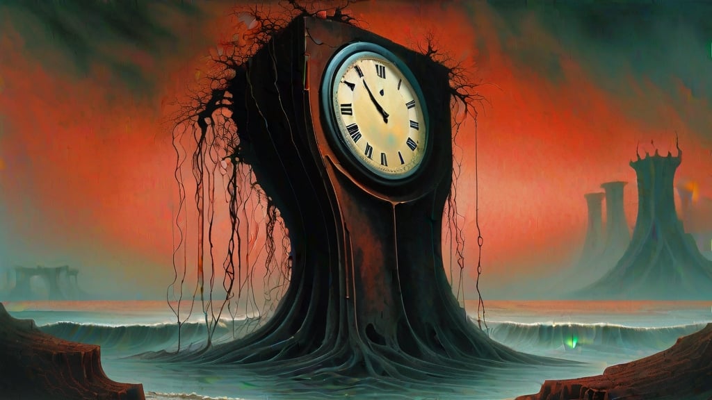 Prompt: Generate an image in the style of the painter Zdzisław Beksiński.   The phone and clock big. Use umbria and sanguine. An asymmetrical image was used. A mysterious, huge figure of irregular shapes with arms raised towards the sky stands on the right side of the image. The figure depicts a faceless woman holding in her hands an old, dismantled washing machine with huge roots emerging from the depths of the ocean. You can see huge ones in the background. large telephone very well lit. Create an artistic composition that evokes anxiety and fascination at the same time.”