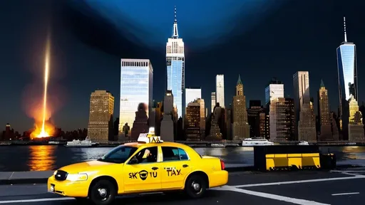 Prompt: Generate the image shows a burning skyscraper in Manhattan, you can see the entire skyscraper and a yellow taxi next to the skyscraper and the sky is very dark blue