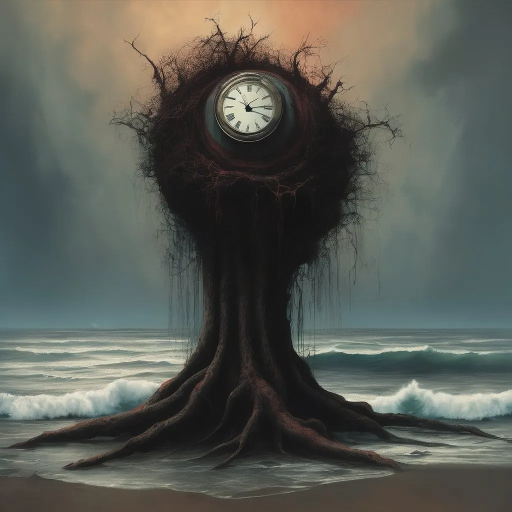 Prompt: Generate an image in the style of the painter Zdzisław Beksiński.   The phone and clock big. Use umbria and sanguine. An asymmetrical image was used. A mysterious, huge figure of irregular shapes with arms raised towards the sky stands on the right side of the image. The figure depicts a faceless woman holding in her hands an old, dismantled washing machine with huge roots emerging from the depths of the ocean. You can see huge ones in the background. large telephone very well lit. Create an artistic composition that evokes anxiety and fascination at the same time.”