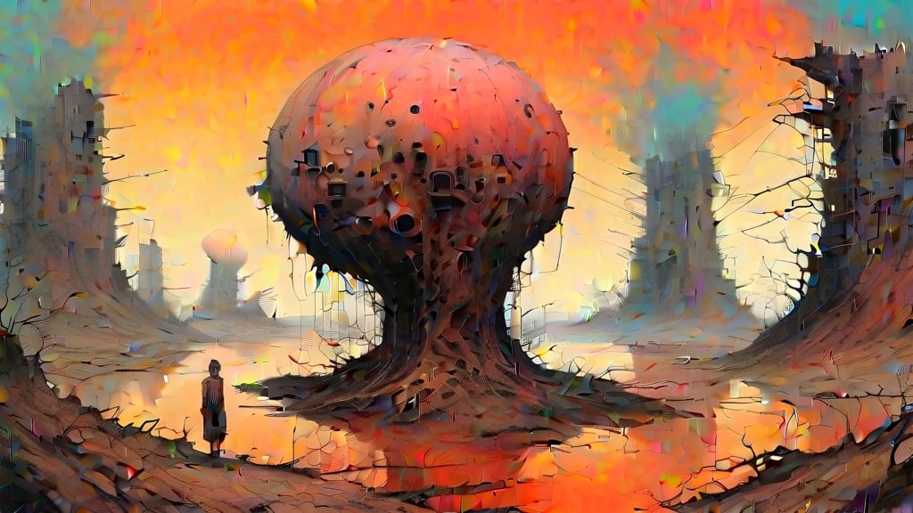 Prompt: Zdzisław Beksiński's style A huge amount of steam comes out of the ground Generate a surreal landscape with unrealistic forms. Design a hybrid human being with animal and mechanical elements." Umbrian and sanguine colors convey a sense of old age and decay. Create an abstract painting that shows the dualism between beauty and horror."