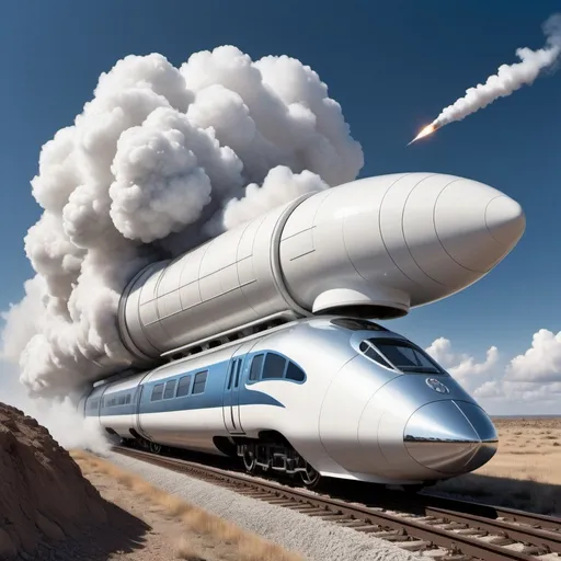 Prompt: Create, in the style of Maximilia Novak Zemplinski, a vision of the future in which a futuristic S-shaped train in metallic white emerges from an invisible tunnel with a thick white cloud of smoke from the chimney and steam billowing under the wheels. The train has an oval shape resembling a ballistic missile. The whole image is white. The sky is slightly blue turning into white. There are no tracks, rails or bridges visible. Behind this, as if a rocket on wheels and clouds, float the outlines of white, rounded cities and the outlines of skyscrapers. There are no tracks or rails in sight. This scene adds a surreal touch to the composition. A steel, white and silver ballistic missile on wheels, a symbol of industrial progress, contrasts with the ethereal city, suggesting a human journey through time and space.