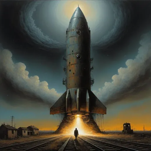 Prompt: Generate a picture in the style of Zdzisław Beksiński, a picture painted with oil paint. The image shows a space rocket connected to a locomotive as if they were colliding. You can see a very small figure. The figure is very mysterious, his hands are pointing towards the scrap metal. The image is very dark, there are very few details. Surrealism, Ruins of Warykan. The sky is very ominous
