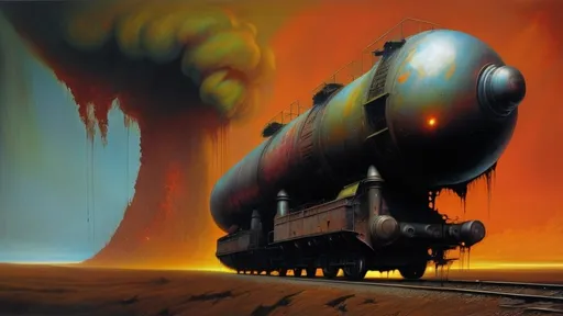 Prompt: Generate a picture in the style of Zdzisław Beksiński, a picture painted with oil paint. The image shows a space rocket connected to a locomotive as if they were colliding. You can see a very small figure. The figure is very mysterious, his hands are pointing towards the scrap metal. The image is very dark, there are very few details. Surrealism, Ruins of Warykan. The sky is very ominous