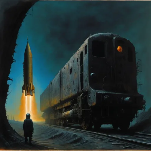 Prompt: Generate a picture in the style of Zdzisław Beksiński, a picture painted with oil paint. The image shows a space rocket connected to a locomotive as if they were colliding. You can see a very small figure. The figure is very mysterious, his hands are pointing towards the scrap metal. The image is very dark, there are very few details. Surrealism, Ruins of Warykan. The sky is very ominous