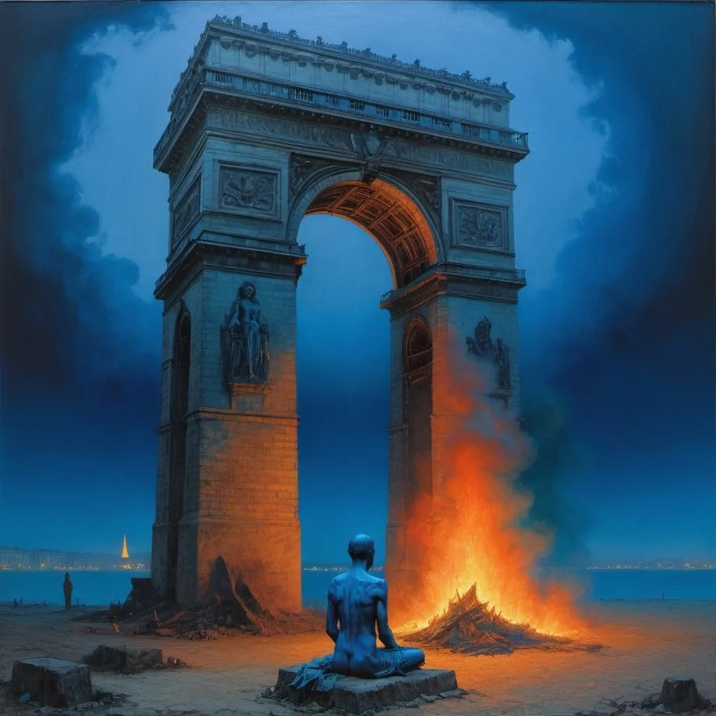 Prompt: Generate Zdzisław Beksiński, Generate the burning Arch of Victory in Paris The painting shows a figure with intensely blue pigmented skin, an emaciated figure, staring into the fire, meditating on how to fix it. The figure is meditating and wondering how to fix it. The central figure is a mysterious figure colored with intense blue pigment. He seems to be contemplating or observing the burning tower. The base of the tower is flooded with ocean water
