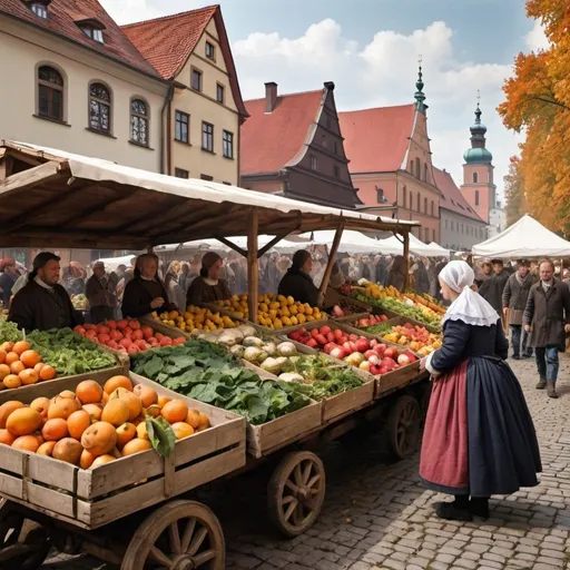 Prompt: Kossaka style Generate an image of Polish fruit and vegetable stalls in the 17th century crowded autumn season