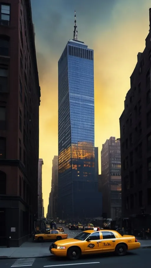 Prompt: Generate the image shows a burning skyscraper in Manhattan, you can see the entire skyscraper and a yellow taxi next to the skyscraper and the sky is very dark blue