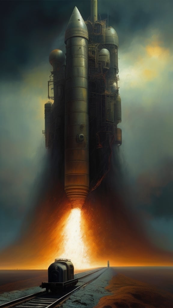 Prompt: Generate a picture in the style of Zdzisław Beksiński, a picture painted with oil paint. The image shows a space rocket connected to a locomotive as if they were colliding. You can see a very small figure. The figure is very mysterious, his hands are pointing towards the scrap metal. The image is very dark, there are very few details. Surrealism, Ruins of Warykan. The sky is very ominous