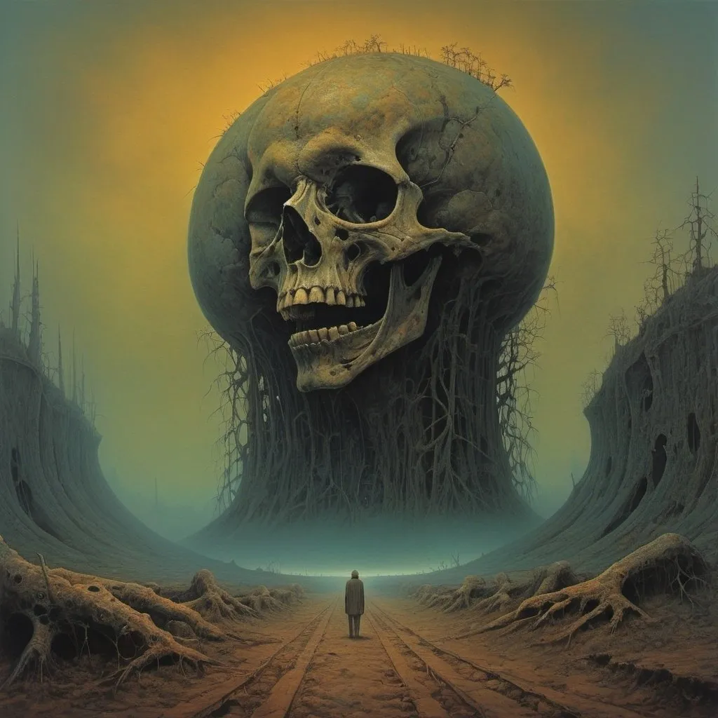 Prompt: "Produce a surreal landscape filled with bizarre, living structures, skeletal remains, and a sense of despair, capturing the essence of Zdzisław Beksiński's style."