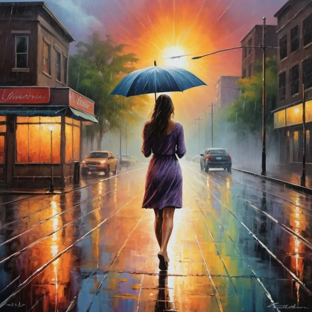 Prompt: Use your artistic talent to create a painting of a woman walking towards the sunset that captures the intensity and beauty of the rain. Focus on expressing the emotion of the rain, both through color and composition. Let the viewer feel as if they were standing in the middle of the rain, experiencing its magical atmosphere.