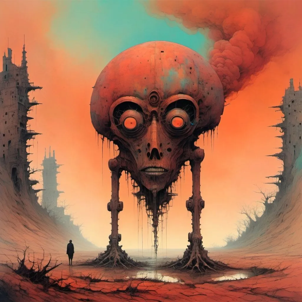 Prompt: Zdzisław Beksiński's style A huge amount of steam comes out of the ground Generate a surreal landscape with unrealistic forms. Design a hybrid human being with animal and mechanical elements." Umbrian and sanguine colors convey a sense of old age and decay. Create an abstract painting that shows the dualism between beauty and horror."