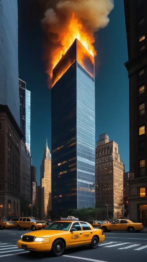 Prompt: Generate the image shows a burning skyscraper in Manhattan, you can see the entire skyscraper and a yellow taxi next to the skyscraper and the sky is very dark blue