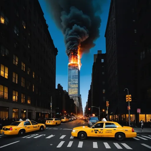 Prompt: Generate the image shows a burning skyscraper in Manhattan, you can see the entire skyscraper and a yellow taxi next to the skyscraper and the sky is very dark blue