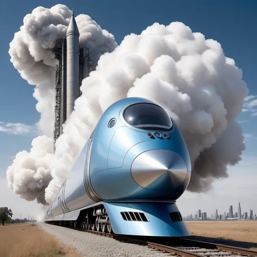 Prompt: Create, in the style of Maximilia Novak Zemplinski, a vision of the future in which a futuristic S-shaped train in metallic white emerges from an invisible tunnel with a thick white cloud of smoke from the chimney and steam billowing under the wheels. The train has an oval shape resembling a ballistic missile. The whole image is white. The sky is slightly blue turning into white. There are no tracks, rails or bridges visible. Behind this, as if a rocket on wheels and clouds, float the outlines of white, rounded cities and the outlines of skyscrapers. There are no tracks or rails in sight. This scene adds a surreal touch to the composition. A steel, white and silver ballistic missile on wheels, a symbol of industrial progress, contrasts with the ethereal city, suggesting a human journey through time and space.