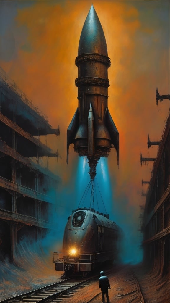 Prompt: Generate a picture in the style of Zdzisław Beksiński, a picture painted with oil paint. The image shows a space rocket connected to a locomotive as if they were colliding. You can see a very small figure. The figure is very mysterious, his hands are pointing towards the scrap metal. The image is very dark, there are very few details. Surrealism, Ruins of Warykan. The sky is very ominous