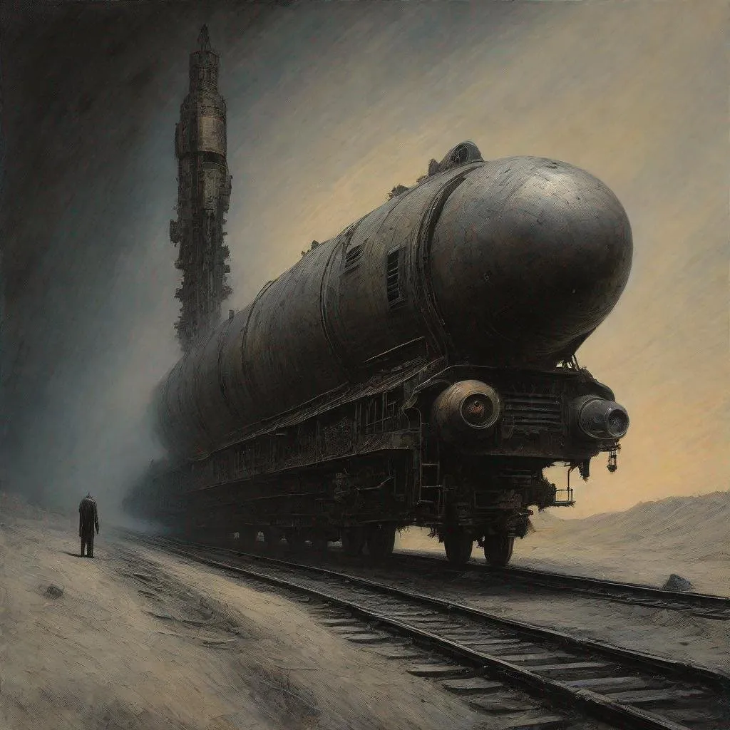 Prompt: Generate a picture in the style of Zdzisław Beksiński, a picture painted with oil paint. The image shows a space rocket connected to a locomotive as if they were colliding. You can see a very small figure. The figure is very mysterious, his hands are pointing towards the scrap metal. The image is very dark, there are very few details. Surrealism, Ruins of Warykan. The sky is very ominous