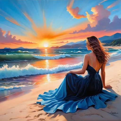 Prompt: create in Chełmoński style The painting shows a woman sitting on the beach, with her back to the viewer. The woman wears a long, dark dress that contrasts with the bright, vibrant colors of the sunset. The sun is low on the horizon and its warm rays illuminate the sky, creating a spectacular transition from pink and orange to blue. The waves gently crash on the shore, creating a calm and picturesque atmosphere. The entire scene exudes peace and reflection.
