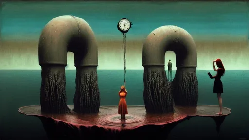 Prompt: Generate an image in the style of the painter Zdzisław Beksiński.   The phone and clock big. Use umbria and sanguine. An asymmetrical image was used. A mysterious, huge figure of irregular shapes with arms raised towards the sky stands on the right side of the image. The figure depicts a faceless woman holding in her hands an old, dismantled washing machine with huge roots emerging from the depths of the ocean. You can see huge ones in the background. large telephone very well lit. Create an artistic composition that evokes anxiety and fascination at the same time.”