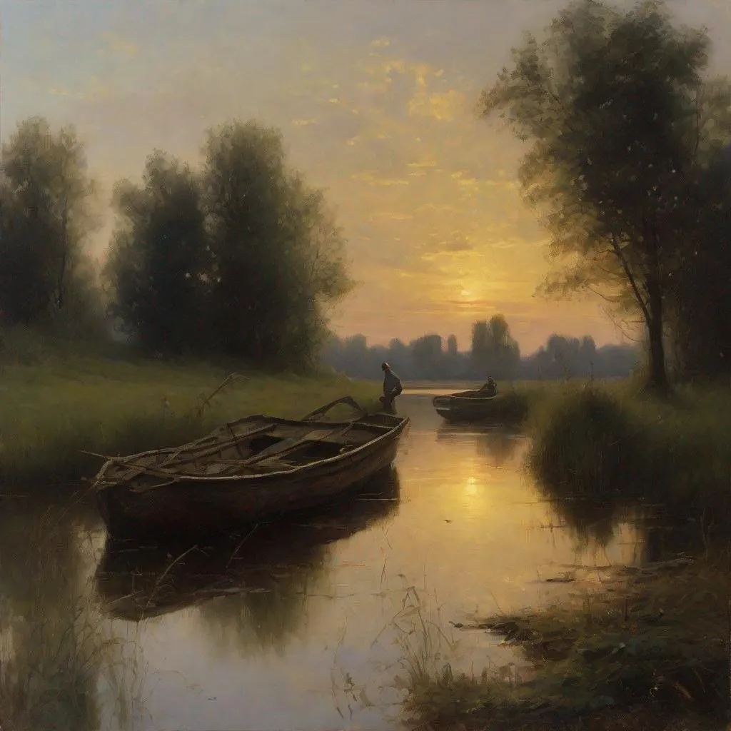 Prompt: Generate the image of Józef Chełmoński Render the Atmosphere of a Natural Landscape: occurring in natural landscapes - forests, fields, meadows, lakes - and conveying their content. Evening after sunset. A small pond, a small boat and a fisherman fishing in it are clearly visible. light and shadow Oil painting