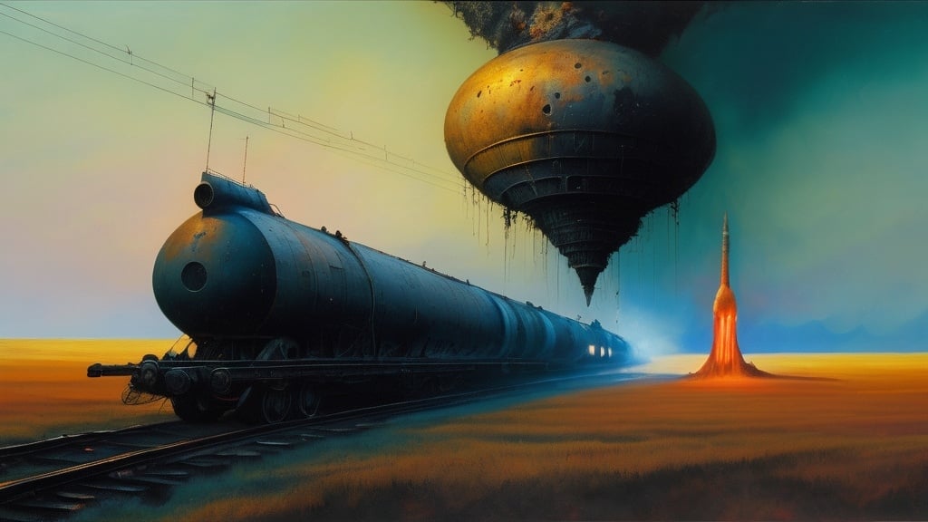Prompt: Generate a picture in the style of Zdzisław Beksiński, a picture painted with oil paint. The image shows a space rocket connected to a locomotive as if they were colliding. You can see a very small figure. The figure is very mysterious, his hands are pointing towards the scrap metal. The image is very dark, there are very few details. Surrealism, Ruins of Warykan. The sky is very ominous
