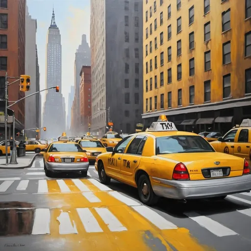 Prompt: Paint (((oil painting))) in midtown Manhattan you can see one yellow taxi, very old, damaged, parked near the skyscrapers