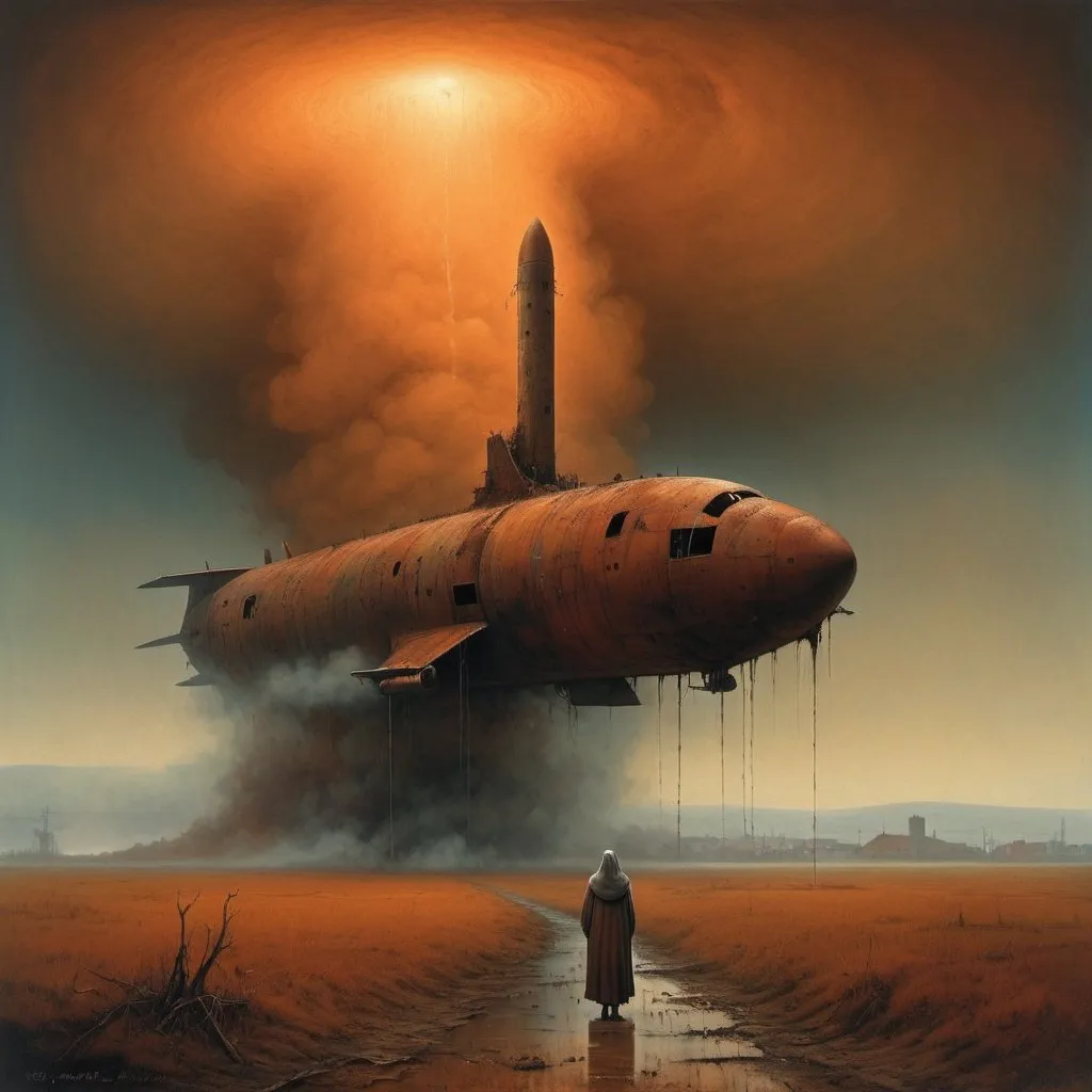 Prompt: atmospheric scene in the style of Zdzisław Beksiński, A huge amount of steam is coming out of the ground And a very small figure with a veil stands silently and watches (((old rusty plane))) resembling ((ballistic missile)) floating above the ground, and its rusty the wings suggest abandonment and neglect from two centuries ago. the Umbrian and Sanguine colors give a sense of old age and decay.