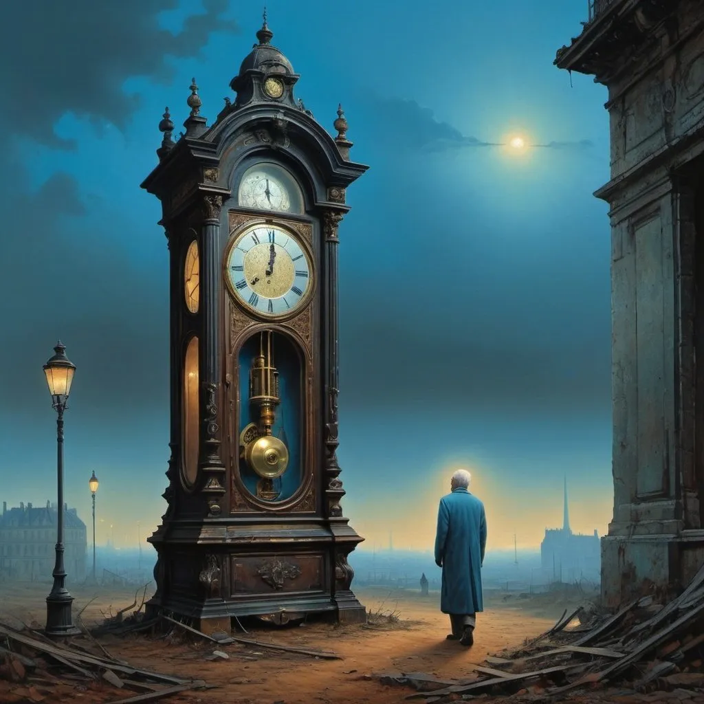 Prompt: an atmospheric scene in the style of Zdzisław Beksiński, he walks in silence and watches, And (a small figure in a long, flowing blue dress stretches his hands towards the Bing Ben Zager) walks in silence and watches where (((an old rusty huge broken broken grandfather clock)) ) resembling a ballistic missile. It hovers above the ground, its rusty gears and clues suggesting abandonment and neglect that date back 200 years or centuries. ((the ruins of Paris are visible in the background)). ((You can see a tiny glowing point in the distance, like a small light bulb)). Apply Umbrian and Sanguine colors. An image full of optimism gives meaning and breaks the atmosphere. The whole scene exudes peace and reflection...
