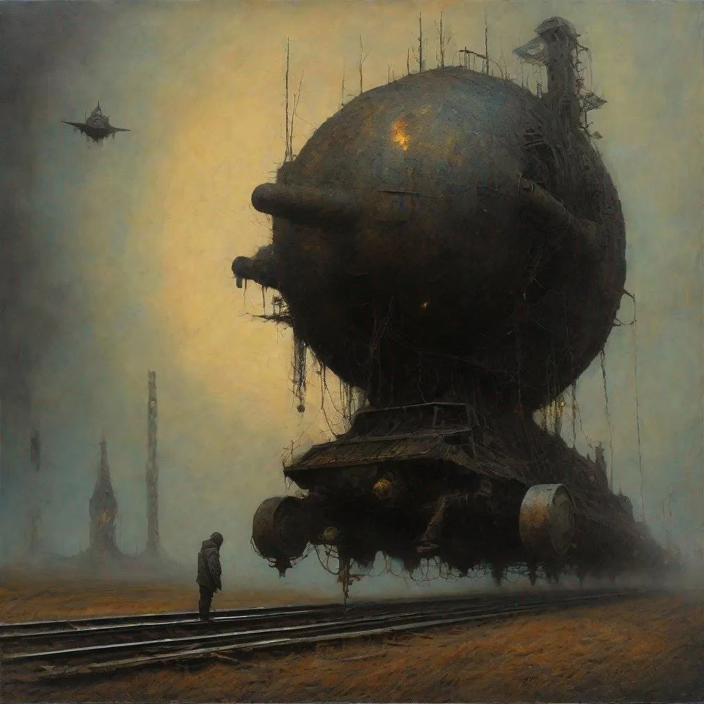 Prompt: Generate a picture in the style of Zdzisław Beksiński, a picture painted with oil paint. The image shows a space rocket connected to a locomotive as if they were colliding. You can see a very small figure. The figure is very mysterious, his hands are pointing towards the scrap metal. The image is very dark, there are very few details. Surrealism, Ruins of Warykan. The sky is very ominous