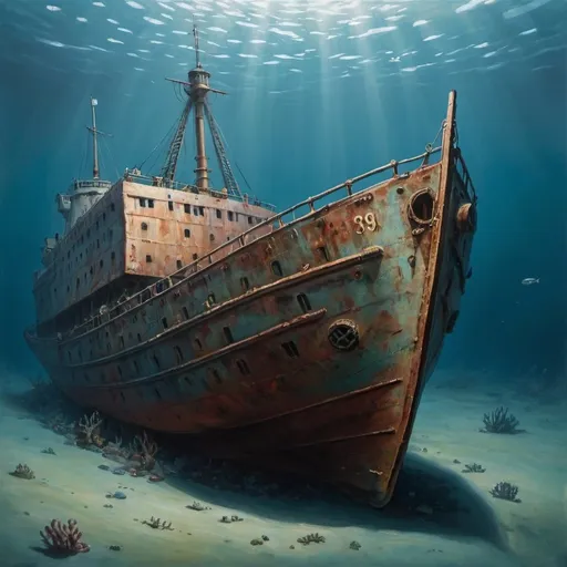 Prompt: the painting shows a ship lying deep at the bottom of the ocean, sunken. it is lying on its side, you can see that it has been at the bottom of the ocean for a long time.