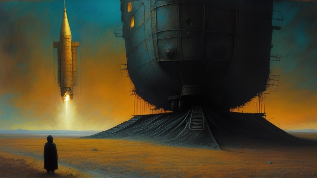 Prompt: Generate a picture in the style of Zdzisław Beksiński, a picture painted with oil paint. The image shows a space rocket connected to a locomotive as if they were colliding. You can see a very small figure. The figure is very mysterious, his hands are pointing towards the scrap metal. The image is very dark, there are very few details. Surrealism, Ruins of Warykan. The sky is very ominous