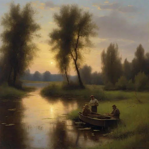 Prompt: Generate the image of Józef Chełmoński Render the Atmosphere of a Natural Landscape: occurring in natural landscapes - forests, fields, meadows, lakes - and conveying their content. Evening after sunset. A small pond, a small boat and a fisherman fishing in it are clearly visible. light and shadow Oil painting