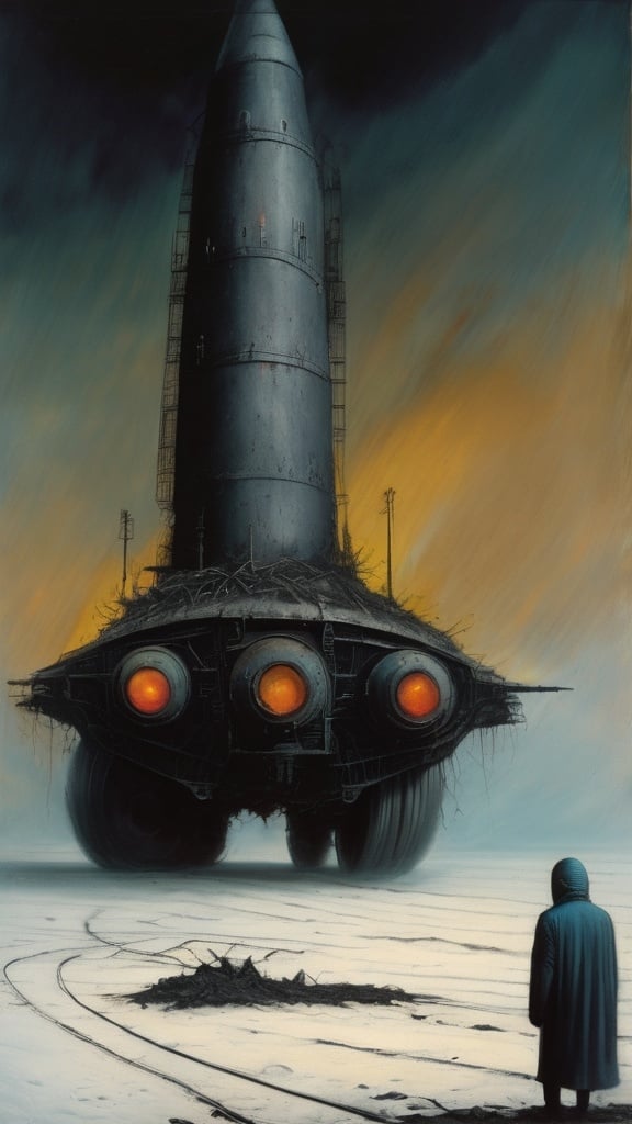 Prompt: Generate a picture in the style of Zdzisław Beksiński, a picture painted with oil paint. The image shows a space rocket connected to a locomotive as if they were colliding. You can see a very small figure. The figure is very mysterious, his hands are pointing towards the scrap metal. The image is very dark, there are very few details. Surrealism, Ruins of Warykan. The sky is very ominous