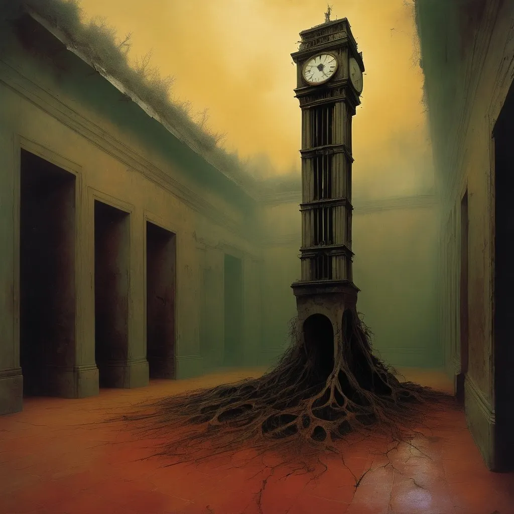 Prompt: Generate style zdzisław Beksiński apply umbria and saungwina Roots grow from a clock broken in half, in the background you can see a large office phone receiver, two mysterious figures are so transparent that they overlap, forms change and merge with each other. A surreal composition of organic and mechanical elements intertwining in a chaotic dance, illuminated by an ominous, flickering light. Apply the ruins of the Effel Tower

