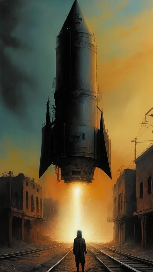 Prompt: Generate a picture in the style of Zdzisław Beksiński, a picture painted with oil paint. The image shows a space rocket connected to a locomotive as if they were colliding. You can see a very small figure. The figure is very mysterious, his hands are pointing towards the scrap metal. The image is very dark, there are very few details. Surrealism, Ruins of Warykan. The sky is very ominous