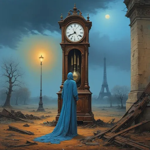 Prompt: an atmospheric scene in the style of Zdzisław Beksiński, he walks in silence and watches, And (a small figure in a long, flowing blue dress stretches his hands towards the Bing Ben Zager) walks in silence and watches where (((an old rusty huge broken broken grandfather clock)) ) resembling a ballistic missile. It hovers above the ground, its rusty gears and clues suggesting abandonment and neglect that date back 200 years or centuries. ((the ruins of Paris are visible in the background)). ((You can see a tiny glowing point in the distance, like a small light bulb)). Apply Umbrian and Sanguine colors. An image full of optimism gives meaning and breaks the atmosphere. The whole scene exudes peace and reflection...