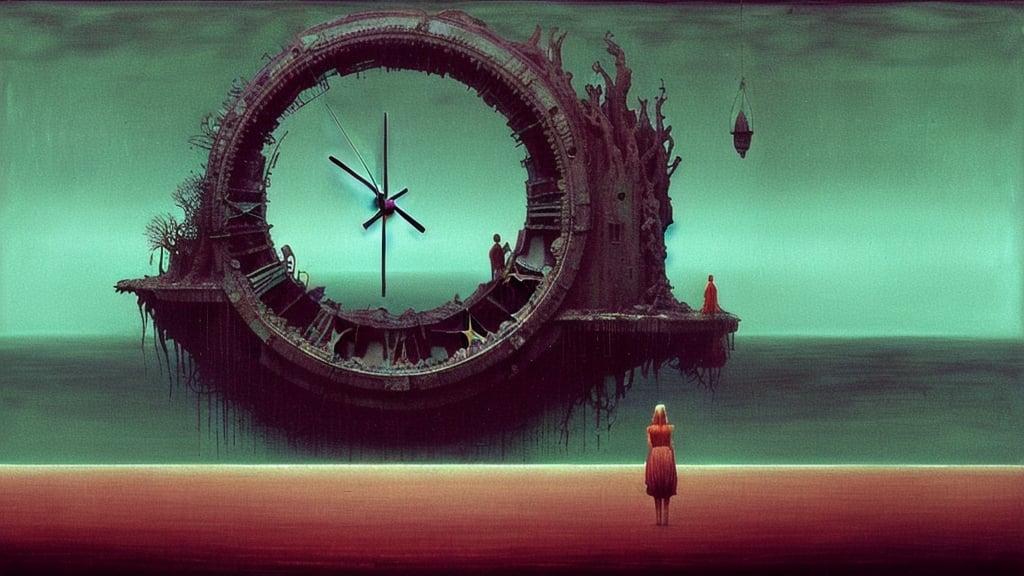 Prompt: Generate an image in the style of the painter Zdzisław Beksiński.   The phone and clock big. Use umbria and sanguine. An asymmetrical image was used. A mysterious, huge figure of irregular shapes with arms raised towards the sky stands on the right side of the image. The figure depicts a faceless woman holding in her hands an old, dismantled washing machine with huge roots emerging from the depths of the ocean. You can see huge ones in the background. large telephone very well lit. Create an artistic composition that evokes anxiety and fascination at the same time.”