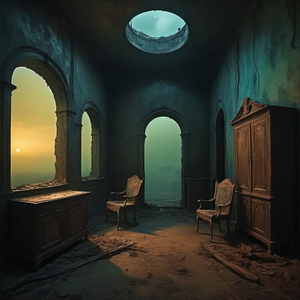Prompt: Generate a dark, otherworldly scene with twisted furniture, decaying buildings, and a foreboding atmosphere, inspired by Zdzisław Beksiński's surreal art Apply colors umbria and sangwina 