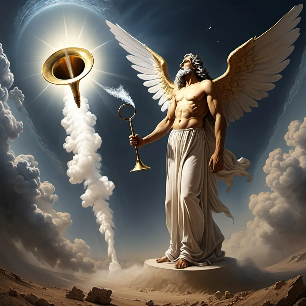 Prompt: With Israfil's first blow, all living things on earth and in the sky will die and earthly life will end. When he blows it for the second time, all living things will be resurrected and the afterlife will begin. Israfil was also called the Angel of Trumpet because he would blow the Trumpet.
