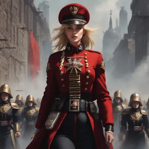 Prompt: The commissar blonde girl leading the Imperial Guards from Warhammer 40000