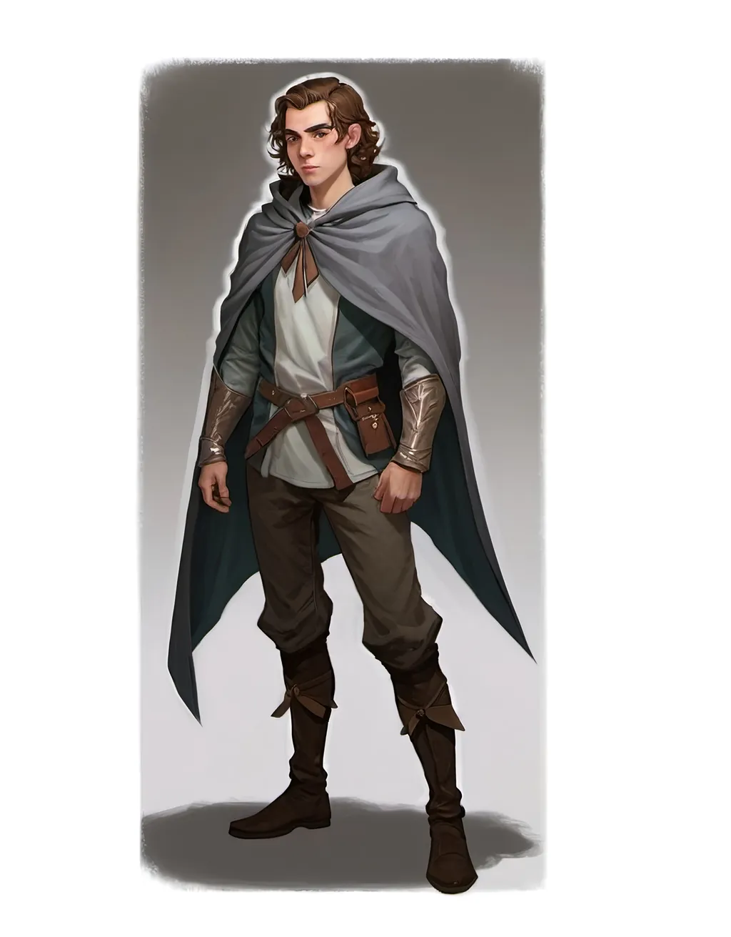 Prompt: Young man medium length hair with cloak and bow d&d character 