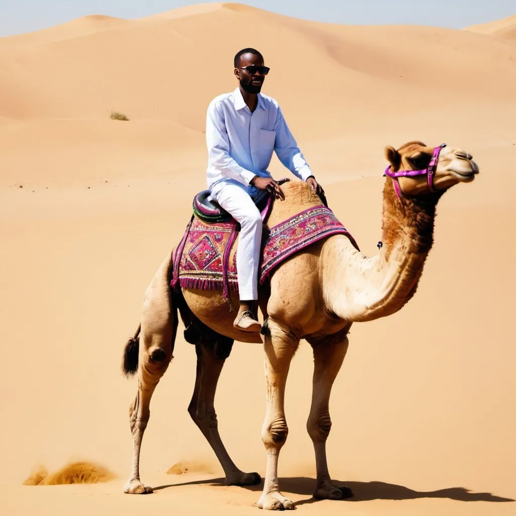 Prompt: A guy names slim c riding camel