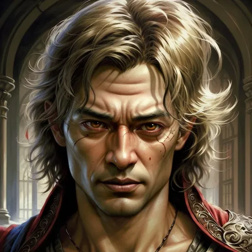 Prompt: Fantasy illustration of a 30-year-old,professor of chaos, realistic, dark red skin hue, detailed facial features, warm lighting, magical atmosphere, high-res, detailed, fantasy, blind, chaos professor, intense realism, warm lighting, magical atmosphere, blind, white eyes, pointy ears, no sight, 