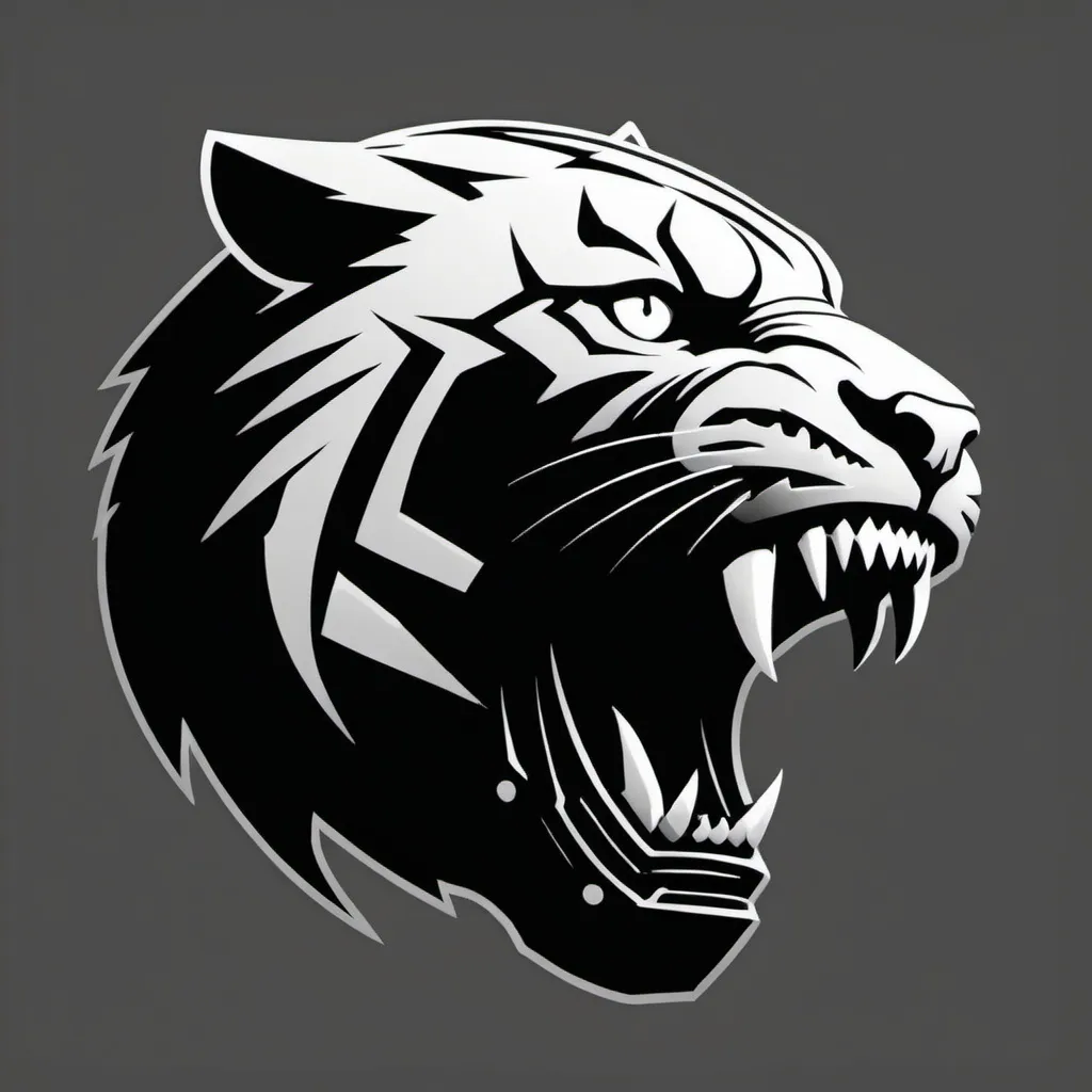 Prompt: Create a space marine symbol that uses a silhouette of a sabertooth tiger’s head being looked at from the side view