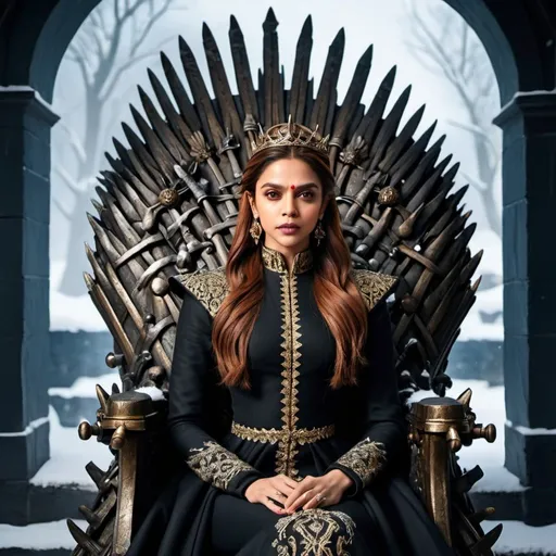 Prompt: Deepika Padukone as a Sansa Stark from the game of thrones web series wearing black attire, golden red hair with brown eyes,  sitting on iron throne,  high quality, detailed queen look,  elegant vibrant colors, traditional attire, intricate embroidery, Winter Snowy backdrop,  snow everywhere cultural fusion,  professional lighting
