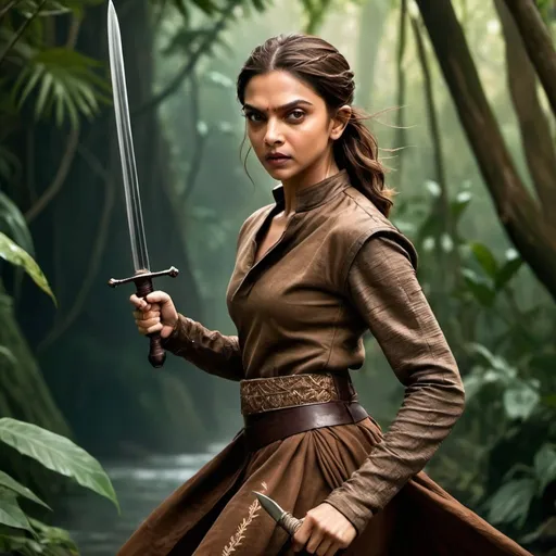 Prompt: Deepika Padukone as a Arya Stark from the game of thrones web series wearing brown combat attire, holding sword,  brownhair with brown eyes,  doing fighting action in a jungle near to sea, high quality, detailed combat fligher look,  elegant vibrant colors, traditional attire, intricate embroidery,  cultural fusion,  professional lighting

