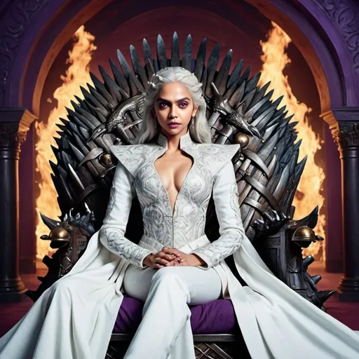 Prompt: Deepika Padukone as a Daenerys Targaryen from the game of thrones web series wearing white attire,  white hair with purple eyes,  sitting on iron throne,  dragon is standing near the throne, high quality, detailed queen look,  elegant, vibrant colors, traditional attire, intricate embroidery, palace backdrop, cultural fusion,  professional lighting
​