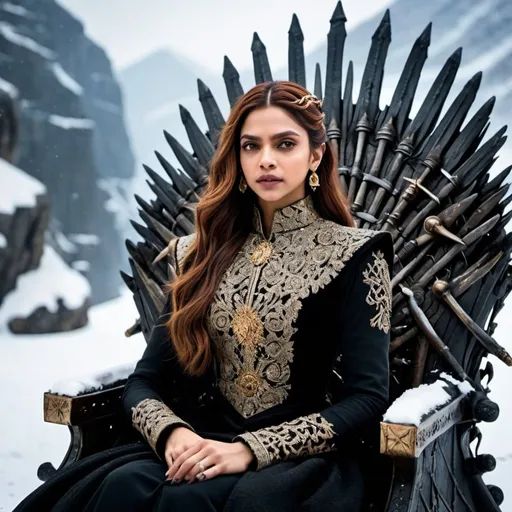 Prompt: Deepika Padukone as a Sansa Stark from the game of thrones web series wearing black attire, golden red hair with brown eyes,  sitting on iron throne in the middle of the  snowland ,  high quality, detailed queen look,  elegant vibrant colors, traditional attire, intricate embroidery, Winter Snowy backdrop,  snow everywhere cultural fusion,  professional lighting
