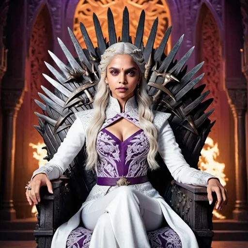 Prompt: Deepika Padukone as a Daenerys Targaryen from the game of thrones web series wearing white attire,  white hair with purple eyes,  sitting on iron throne,  dragon is standing near the throne, high quality, detailed queen look,  elegant, vibrant colors, traditional attire, intricate embroidery, palace backdrop, cultural fusion,  professional lighting
​