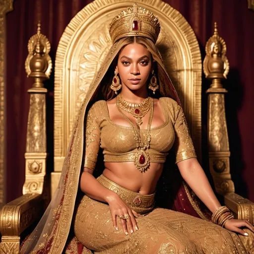 Prompt: 
​Beyonce as a gorgeous indian queen, wearing traditional indian heavy lehenga choli with lots of gold jewellery,  Sitting on a  golden throne,  high quality, detailed, indian queen elegant, vibrant colors, traditional attire, intricate embroidery, palace backdrop, cultural fusion,  professional lighting

